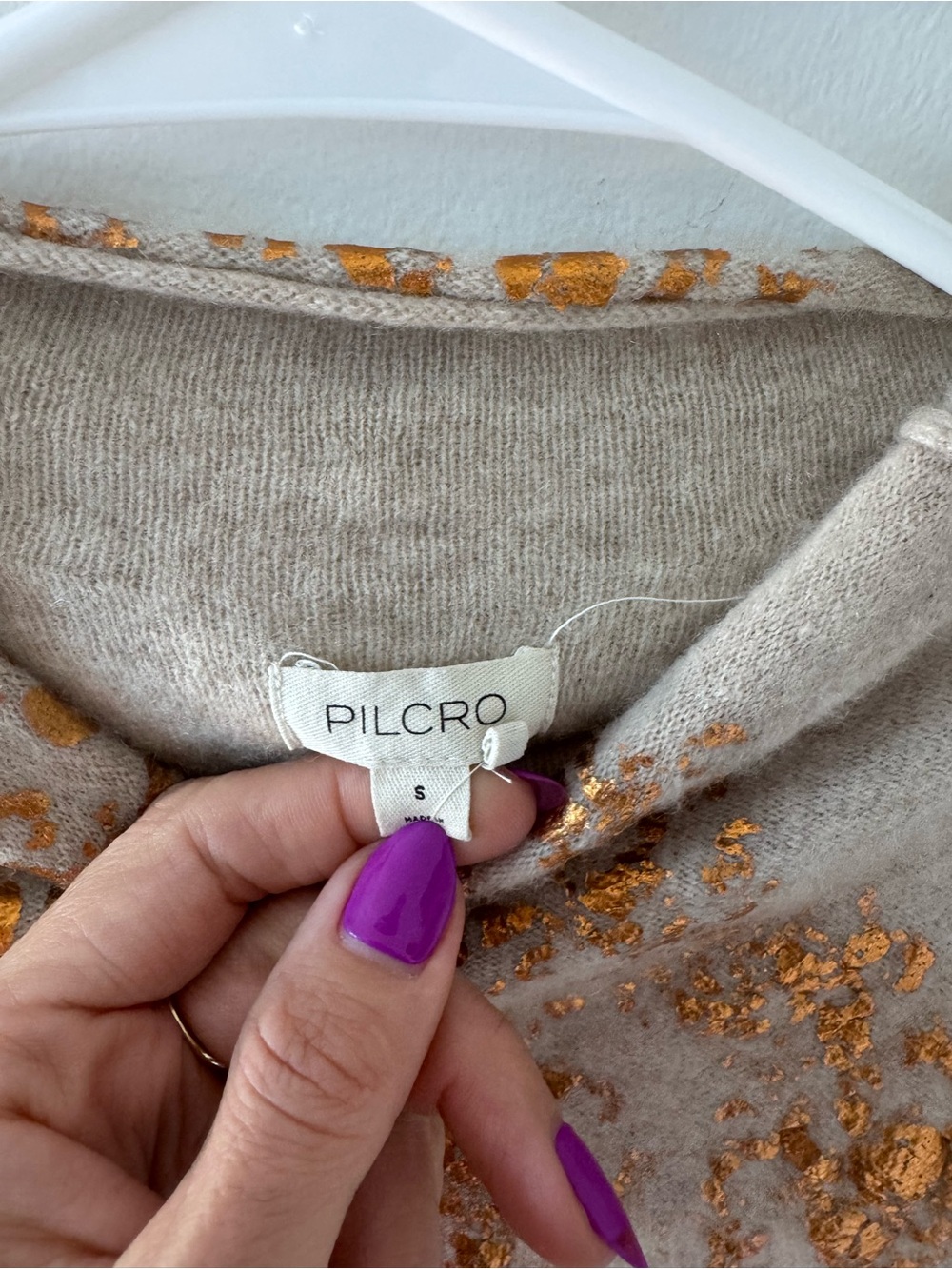 Pilcro Beige Cashmere Sweater with Metallic Gold Floral Pattern - Picture 2 of 4